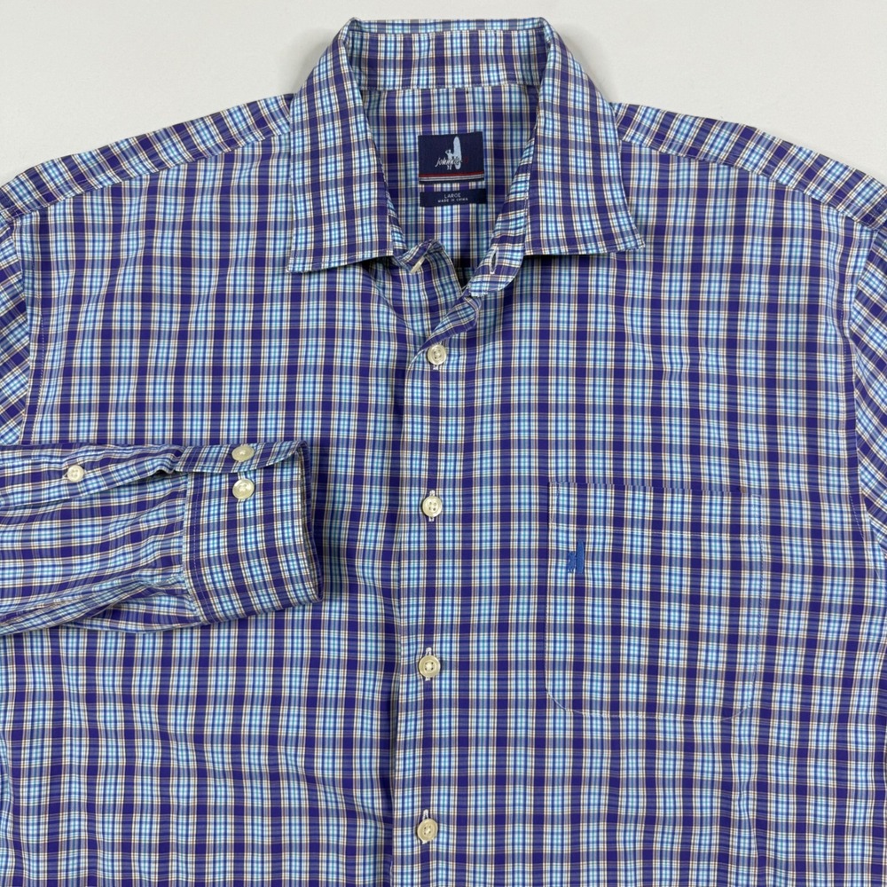 johnnie-O Button‎ Up Shirt Mens Large Blue Purple Plaid Long Sleeve Cotton